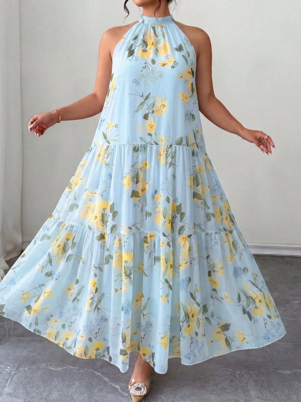 Baby Blue Boho Women's Plus Size Floral Halter Neck Sleeveless Flowy Maxi Dress - Picture 1 of 6
